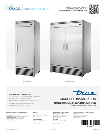 True TGN Solid Door Reach-In Refrigerators/Freezer Installation manuel | Fixfr