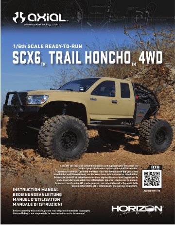 Axial AXI05001T1 1/6 SCX6 Trail Honcho 4WD RTR, Red Manuel du propriétaire | Fixfr