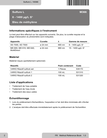 Lovibond Single Method M366 - Sulphide L Manuel utilisateur | Fixfr