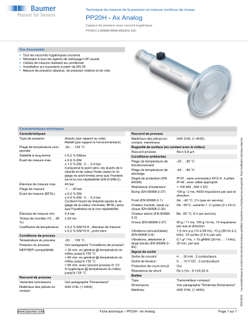 Baumer PP20H Pressure and continuous level measurement Fiche technique | Fixfr