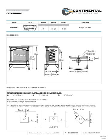 Continental Fireplaces CDVS600-1NA Direct Vent Gas Stove spécification | Fixfr