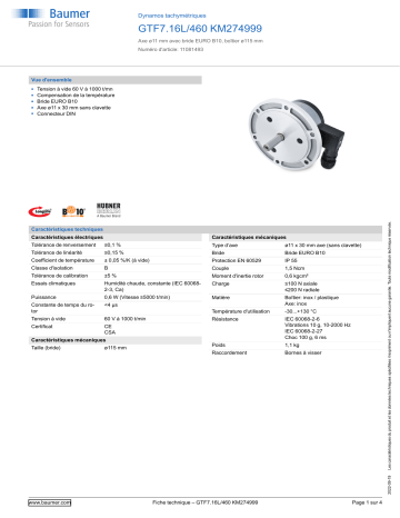 Baumer GTF7.16L/460 KM274999 Tachogenerator Fiche technique | Fixfr