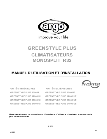 Argo GREENSTYLE PLUS MONO 12000 – R32 SINGLE & MULTI SPLIT SYSTEM Manuel utilisateur | Fixfr