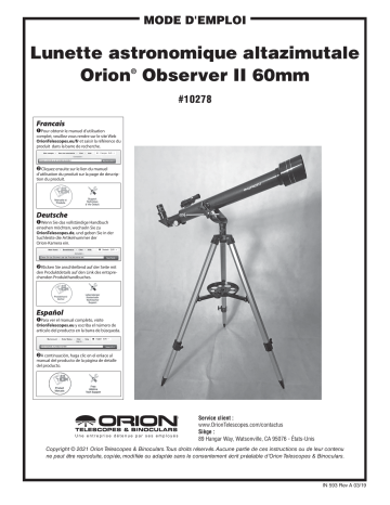 29508 | 29507 | Orion 10278 Observer II 60mm Altazimuth Refractor Telescope Manuel utilisateur | Fixfr