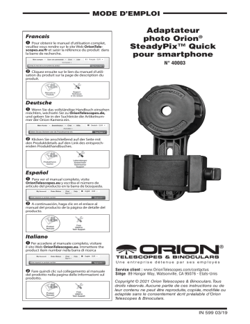 Orion 40003 SteadyPix Quick Smartphone Telescope Photo Adapter Manuel utilisateur | Fixfr