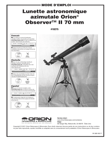 Orion 10275 Observer II 70mm Altazimuth Refractor Telescope Manuel utilisateur | Fixfr