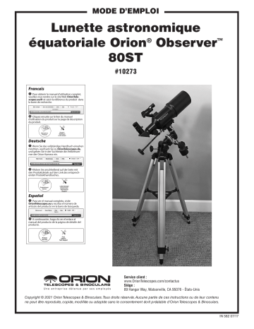 10273 | Orion 20410 Observer 80ST 80mm Equatorial Refractor Telescope Kit Manuel utilisateur | Fixfr