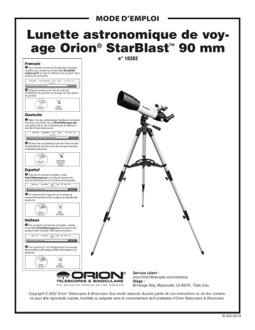 Orion 10282 StarBlast 90mm Altazimuth Travel Refractor Telescope Manuel utilisateur | Fixfr