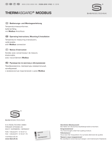 THERMASGARD® TM 65 - Modbus | THERMASGARD® MWTM - Modbus | THERMASGARD® ALTM1 - Modbus | THERMASGARD® TM 65 - Modbus RJ12 | THERMASGARD® ATM 2 - Modbus | THERMASGARD®RPTM-Modbus | THERMASGARD® ALTM 2 - Modbus | S+S Regeltechnik THERMASGARD® HFTM - Modbus Sleeve temperature measuring transducer Mode d'emploi | Fixfr