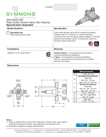 Symmons Industries 3DIV-BODY-NS 1/2 in. MIPS Diverter Valve spécification | Fixfr