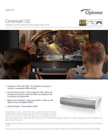 Optoma CinemaX D2 Short throw laser home projector Manuel du propriétaire | Fixfr