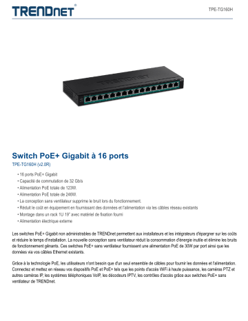 Trendnet TPE-TG160H 16-Port Gigabit PoE+ Switch Fiche technique | Fixfr