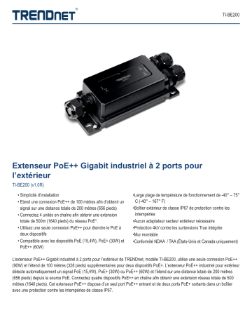 Trendnet TI-BE200 2-Port Industrial Outdoor Gigabit PoE++ Extender Fiche technique | Fixfr