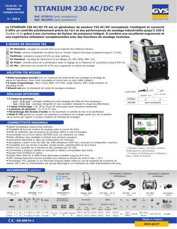 GYS TITANIUM 230 AC/DC Fiche technique | Fixfr