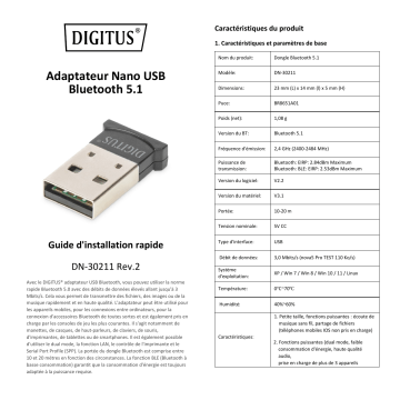 Digitus DN-30211 Bluetooth 5.0 Nano USB Adapter Guide de démarrage rapide | Fixfr