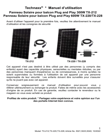 TX-212 | TX-220 | Technaxx TX-228 Solar Balcony Power Plant 600W (10m) Manuel du propriétaire | Fixfr