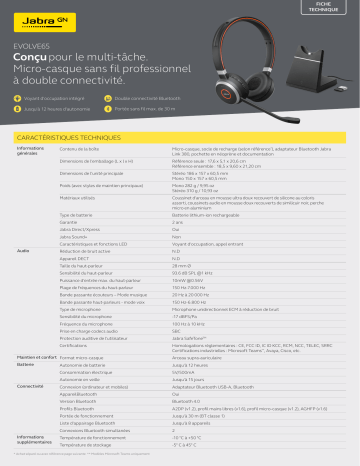 Evolve 65 SE MS Stereo | Evolve 65 SE MS Mono | Evolve 65 SE - UC Mono | Evolve 65+ UC Stereo | Evolve 65 Stereo / Mono | Evolve 65 UC Mono | Evolve 65+ MS Mono | Evolve 65+ UC Mono | Evolve 65+ MS Stereo | Jabra Evolve 65 SE UC Stereo spécification | Fixfr