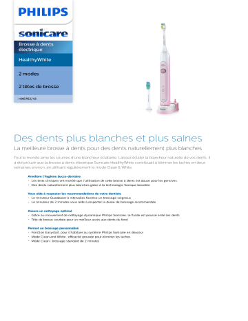 Sonicare HX6762/43 Sonicare HealthyWhite Brosse à dents électrique Manuel utilisateur | Fixfr