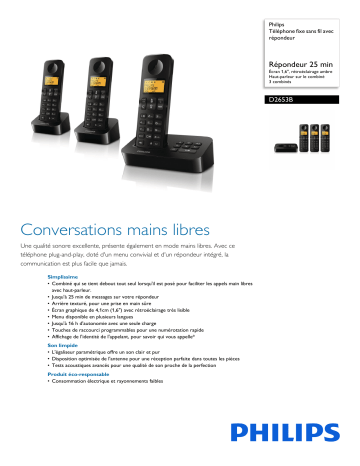 Philips D2653B/01 Téléphone fixe sans fil avec répondeur Manuel utilisateur | Fixfr
