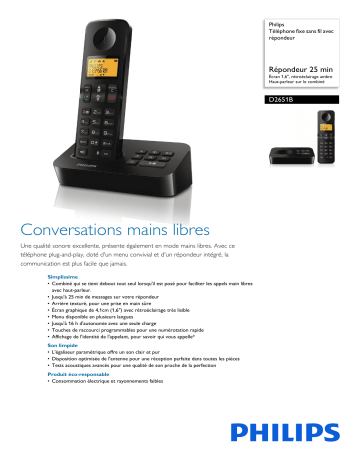 Philips D2651B/01 Téléphone fixe sans fil avec répondeur Manuel utilisateur | Fixfr