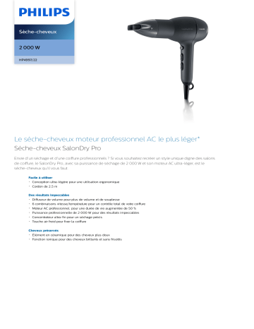 Philips HP4997/22 Sèche-cheveux Manuel utilisateur | Fixfr