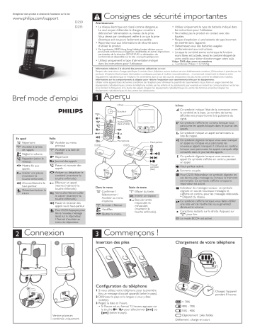 D2553W/05 | D2553B/05 | D2503B/01 | D2553B/01 | D2552W/05 | D2502B/05 | D2502B/01 | D2553W/01 | D2503W/05 | D2502W/05 | D2552W/34 | D2501W/05 | D2503W/01 | D2552B/05 | D2501S/34 | D2501B/34 | D2551B/05 | Philips D2501B/05 Téléphone fixe sans fil Guide de démarrage rapide | Fixfr