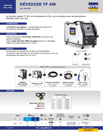 GYS WATER COOLED WIRE FEEDER - TF-4W Fiche technique | Fixfr