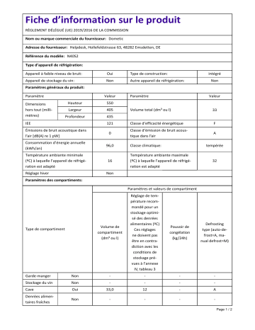 Dometic HiPro Evolution N40S2 | Product Information Sheet FR Information produit | Fixfr