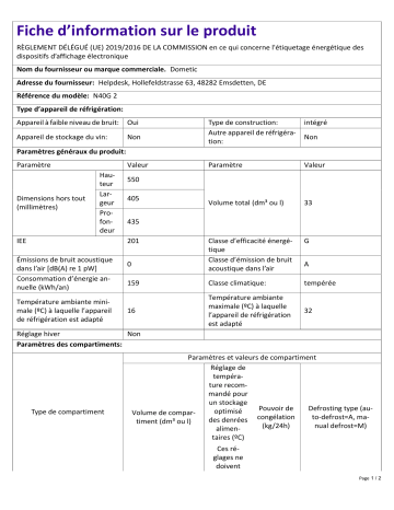Dometic HiPro Evolution N40G2 | Product Information Sheet FR Information produit | Fixfr