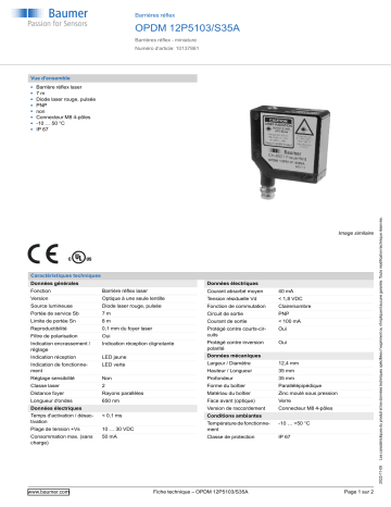 Baumer OPDM 12P5103/S35A Retro-reflective sensor Fiche technique | Fixfr