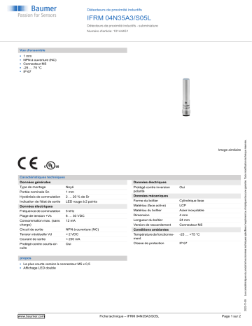 Baumer IFRM 04N35A3/S05L Inductive proximity switch Fiche technique | Fixfr