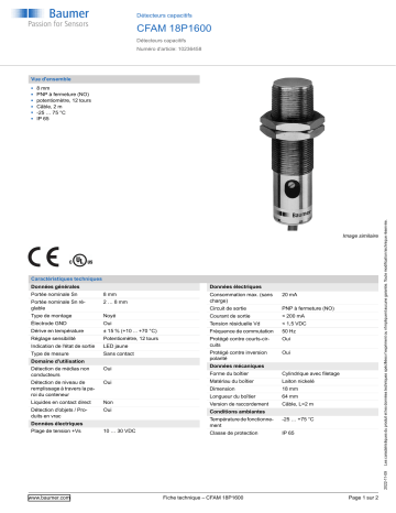 Baumer CFAM 18P1600 Capacitive proximity sensor Fiche technique | Fixfr