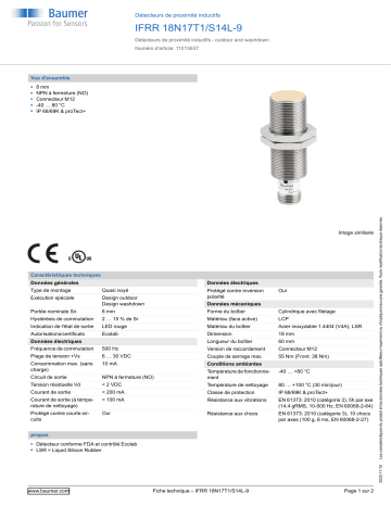 Baumer IFRR 18N17T1/S14L-9 Inductive proximity switch Fiche technique | Fixfr