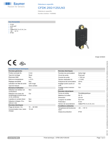 Baumer CFDK 25G1125/LN3 Capacitive proximity sensor Fiche technique | Fixfr