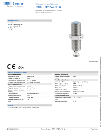 Baumer IFRM 18P37A4/S14L Inductive proximity switch Fiche technique | Fixfr