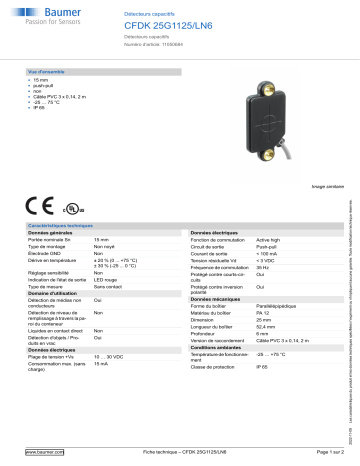 Baumer CFDK 25G1125/LN6 Capacitive proximity sensor Fiche technique | Fixfr