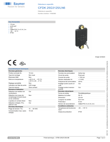 Baumer CFDK 25G3125/LN6 Capacitive proximity sensor Fiche technique | Fixfr