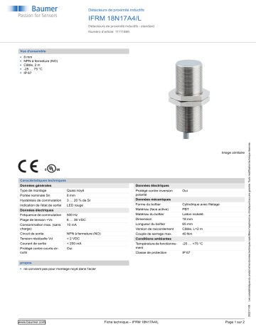 Baumer IFRM 18N17A4/L Inductive proximity switch Fiche technique | Fixfr