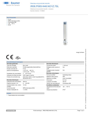 Baumer IR06.P06S-N46.NO1Z.7SL Inductive proximity switch Fiche technique | Fixfr