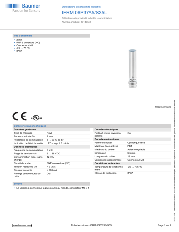 Baumer IFRM 06P37A5/S35L Inductive proximity switch Fiche technique | Fixfr