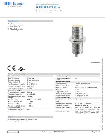 Baumer IFRR 18P37T1/L-9 Inductive proximity switch Fiche technique | Fixfr