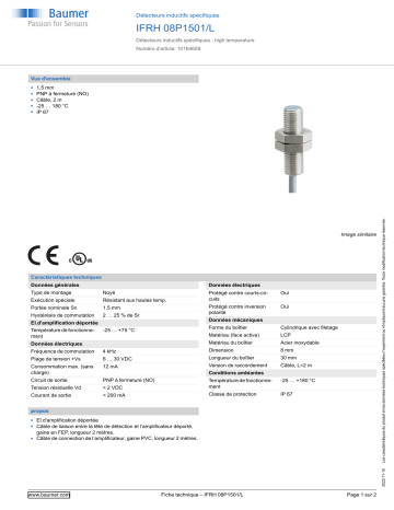 Baumer IFRH 08P1501/L Inductive sensors special version Fiche technique | Fixfr