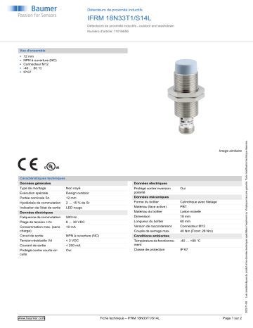 Baumer IFRM 18N33T1/S14L Inductive proximity switch Fiche technique | Fixfr