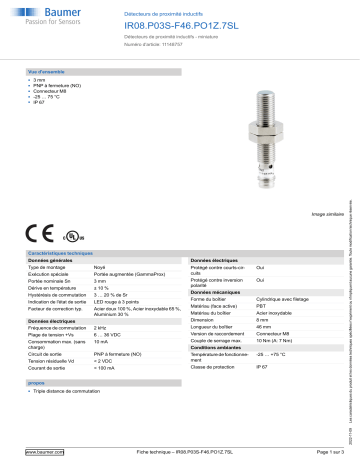 Baumer IR08.P03S-F46.PO1Z.7SL Inductive proximity switch Fiche technique | Fixfr