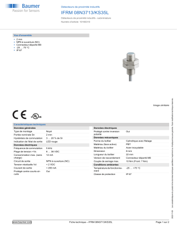 Baumer IFRM 08N3713/KS35L Inductive proximity switch Fiche technique | Fixfr