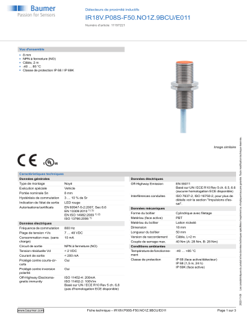 Baumer IR18V.P08S-F50.NO1Z.9BCU/E011 Inductive proximity switch Fiche technique | Fixfr