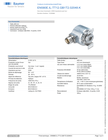 Baumer EN580E.IL-TT12.GB1T2.02048.K Incremental encoder Fiche technique | Fixfr