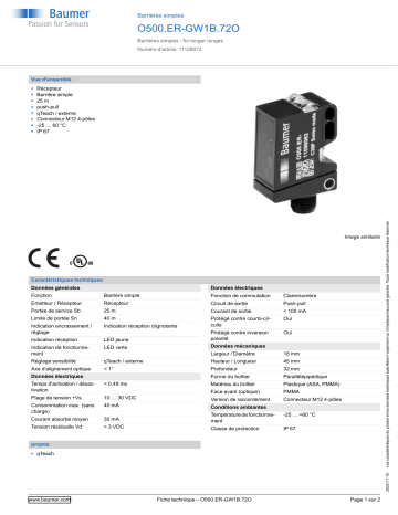 Baumer O500.ER-GW1B.72O Through beam sensor Fiche technique | Fixfr