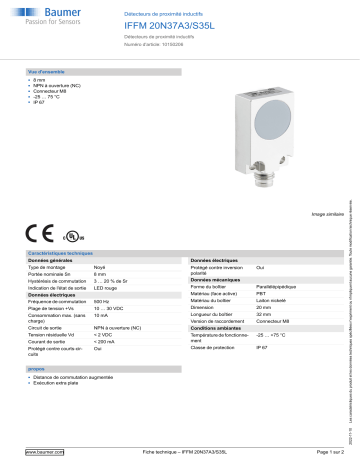 Baumer IFFM 20N37A3/S35L Inductive proximity switch Fiche technique | Fixfr