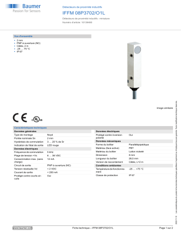 Baumer IFFM 08P3702/O1L Inductive proximity switch Fiche technique | Fixfr